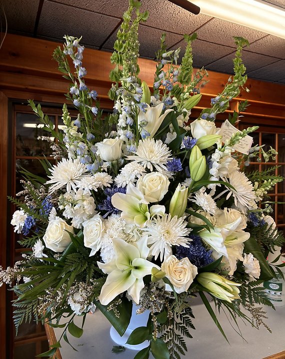 White Standing Spray with Blue